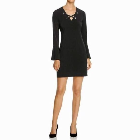 JET BLACK MICHAEL KORS FIT&FLARE DRESS-GROMMET CRISS CROSS STRAPS S NWT - Picture 1 of 16